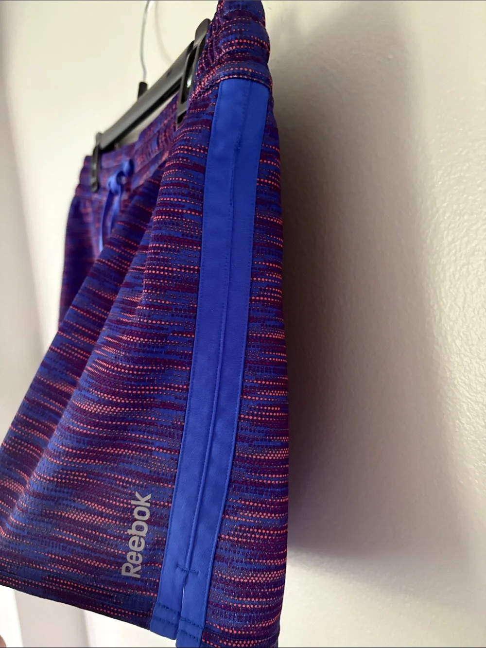 Reebok Women's Purple and Blue Space-Dye Drawstring Athletic Shorts Side Stripe
